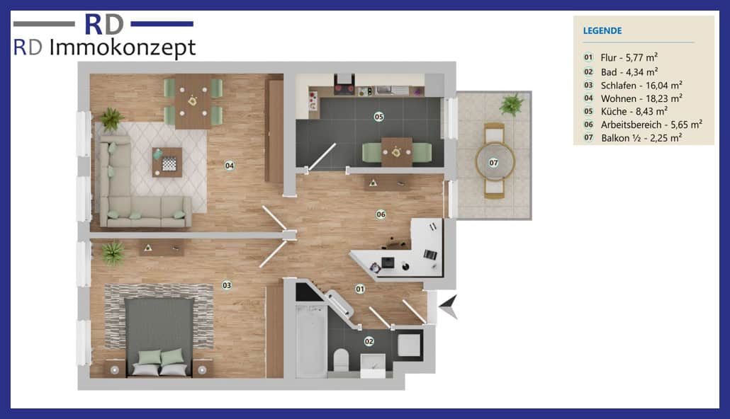 2-Raum-Wohnung mit Balkon 1 Einrichtungsvorschlag