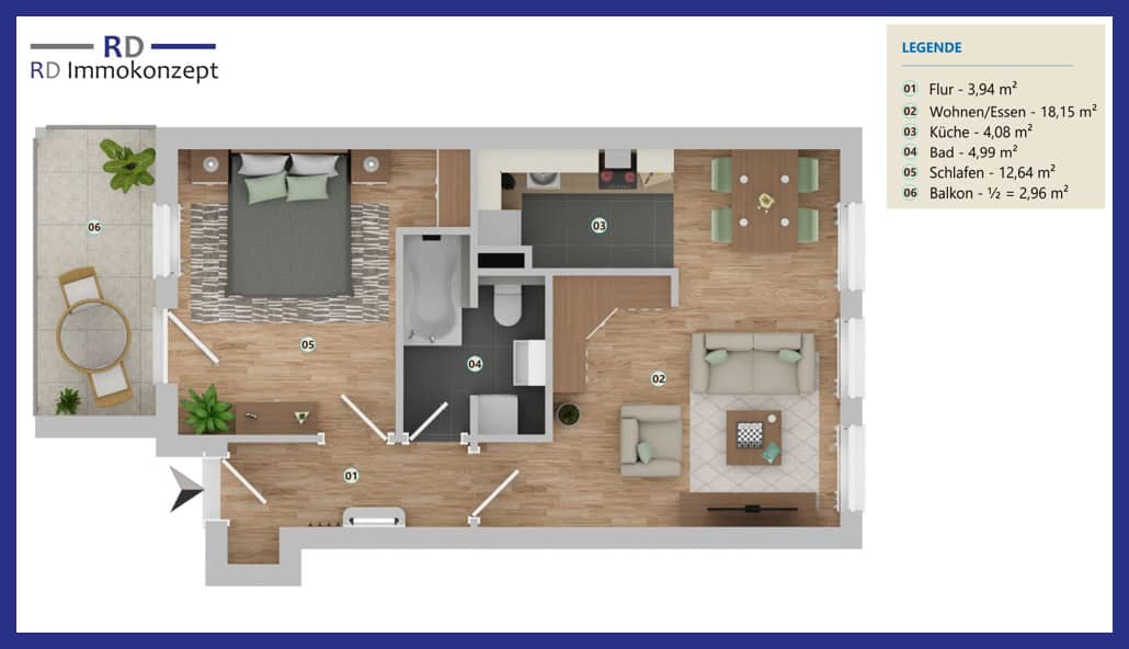 2-Raum-Wohnung mit Balkon & Einbauküche 1 Einrichtungsvorschlag